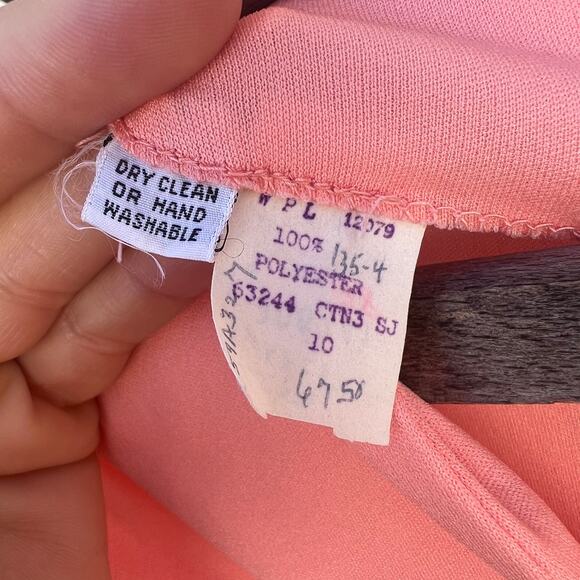 Vintage 60s Peach Coral Polyester A Line Long Sleeve Maxi Dress - Picture 9 of 9